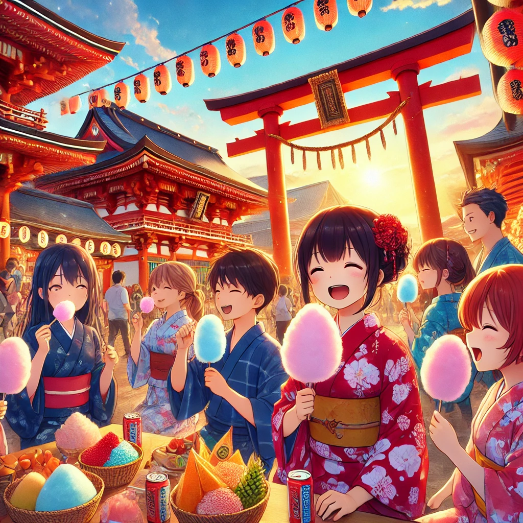 綿菓子を食べる子供たち