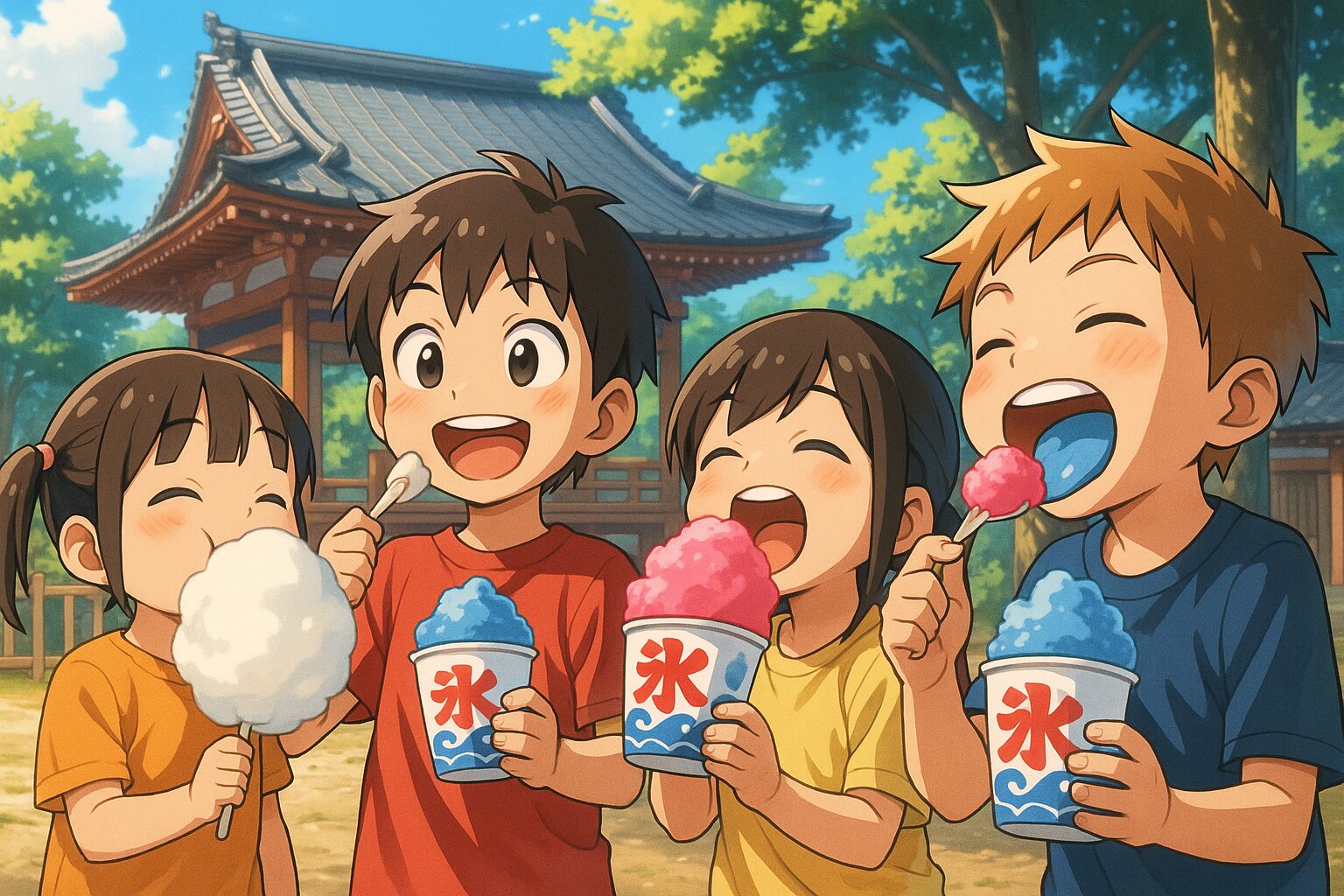 神社で綿菓子を楽しむ子どもたち