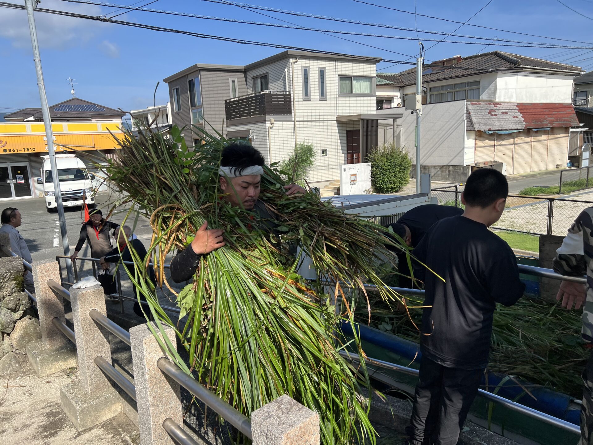 境内へ運び込まれる茅の束（福岡市夏祭り・地禄天神社の盆綱作り）