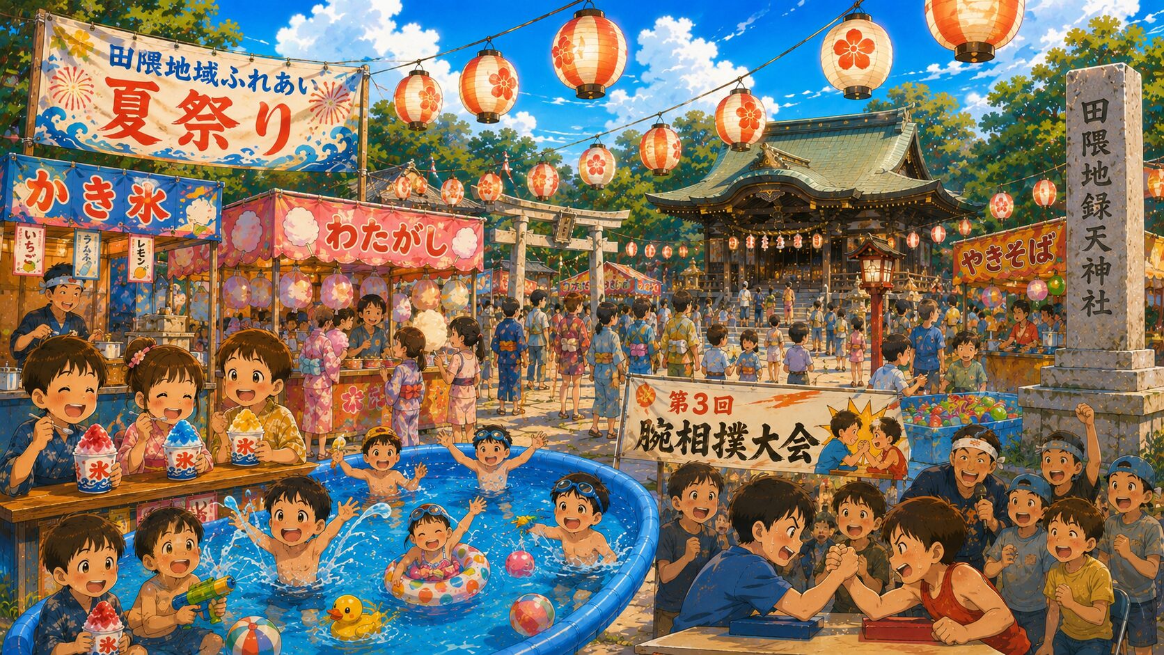 田隈地域ふれあい夏祭りの腕相撲大会。小学生の部と中学生の部で行われる人気イベント