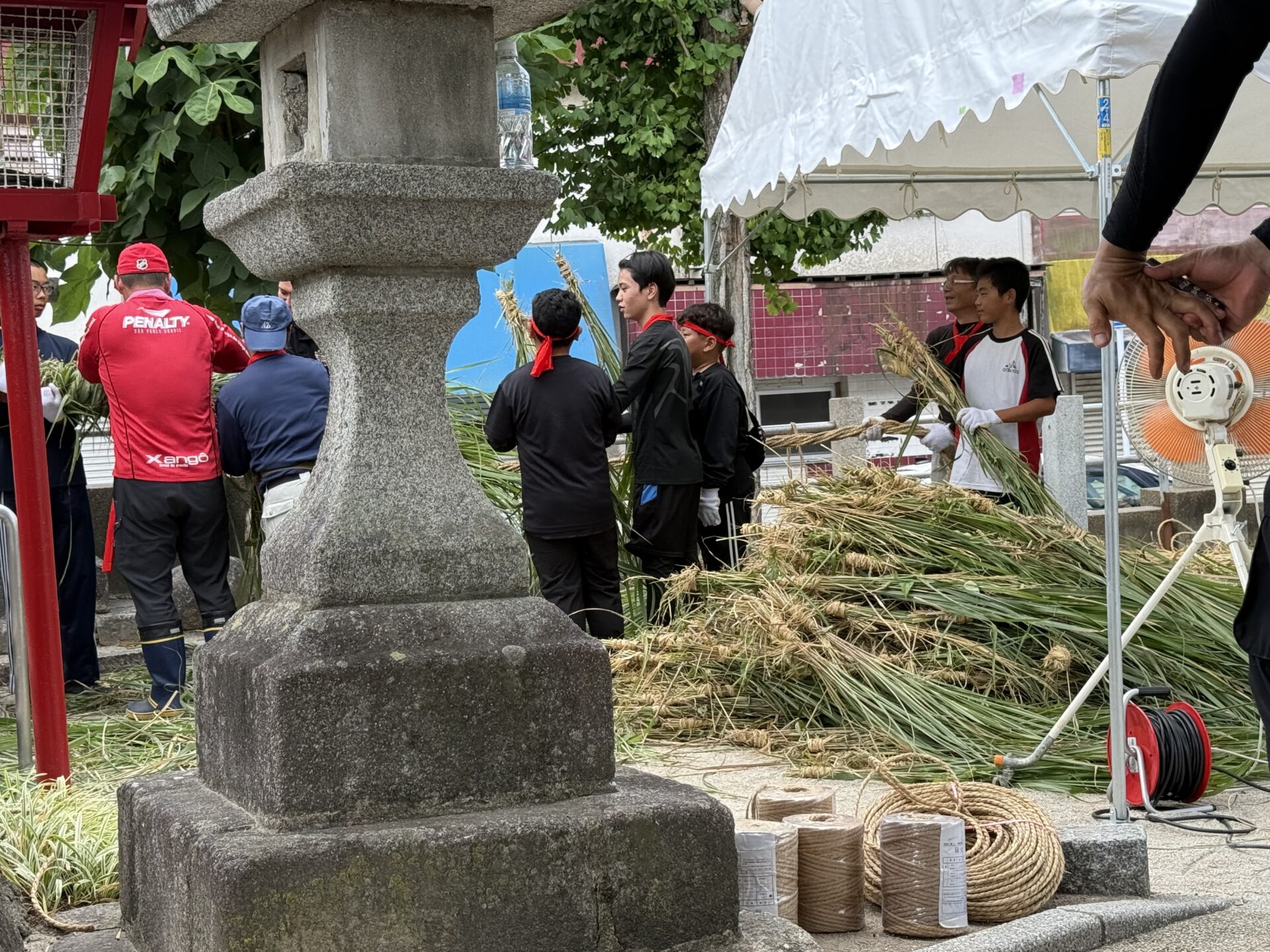 大量のカヤを束ねて盆綱にしていく様子